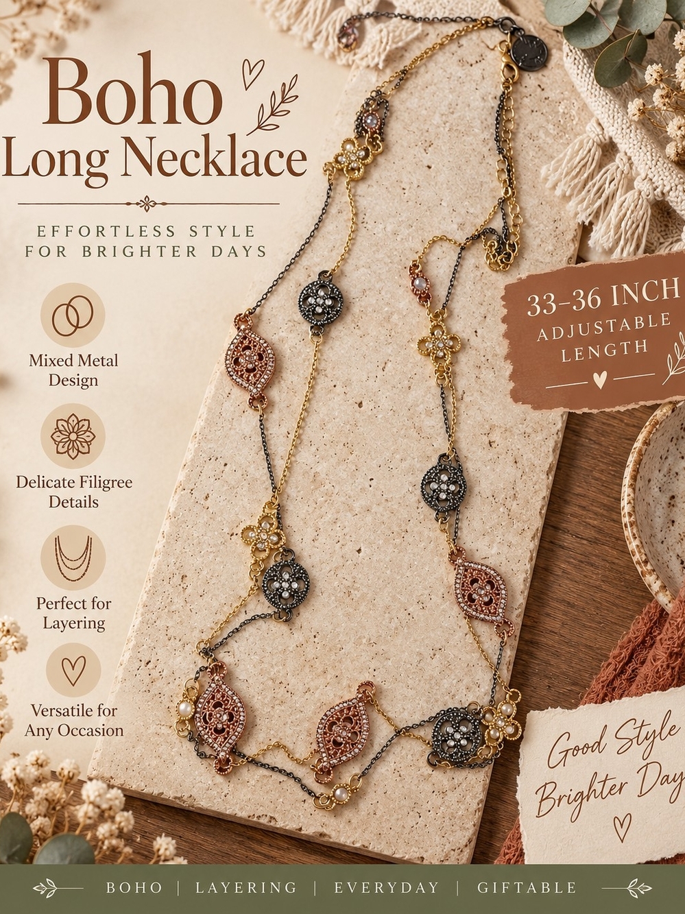704 Boho Mixed Metal Long Necklace - Gold, Rose Gold & Gunmetal